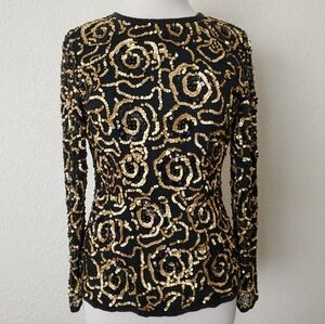 Vintage Black‎ Gold Beaded Sequin Top Long Sleeve Blouse Cocktail Party Formal S